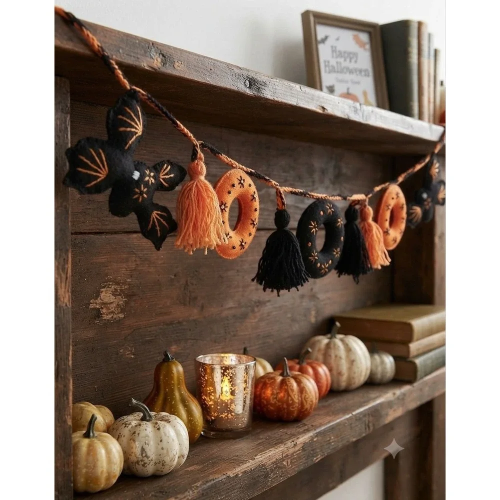 Melange Collection Handmade Wool Halloween Boo Bat Garland Orange Black Peru